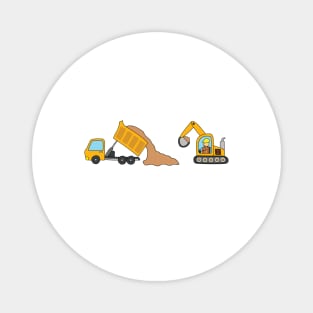 kids drawing of construction vehicles, dump truck unloading gravels and excavator dredging them Magnet